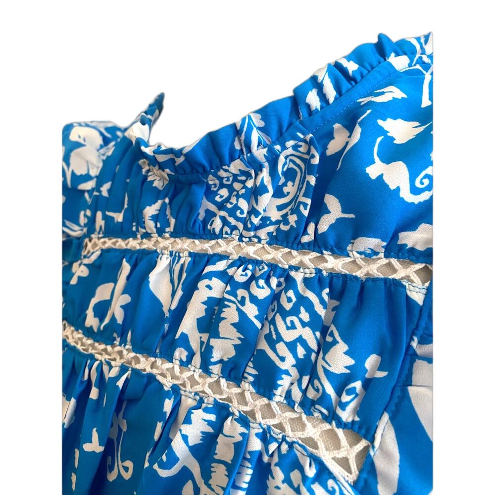 Umgee Peasant Blouse Large Blue White Floral Flutter Sleeve Lace Flowy - Picture 4 of 9